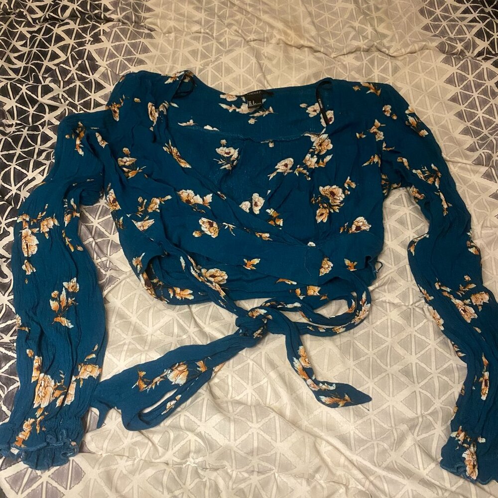 Dark Green and Floral Wrap Top